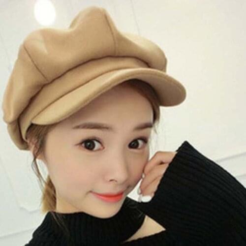 Cap Female Winter Autumn Korean Version Trend Of Casual Wild Wool Imitation Beret Duck Tongue Fashion Retro Octagonal Hat 95S