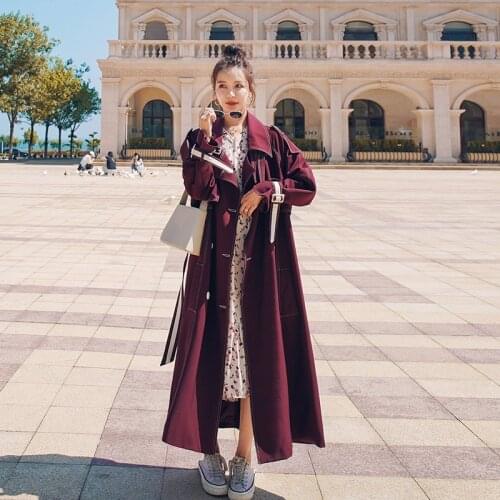 Womens Windbreaker Big Size Spring Autumn Wine Red X- Long Jacket Loose Lapel Cotton Trench Coat Female Fashion Ladies Cloak H6