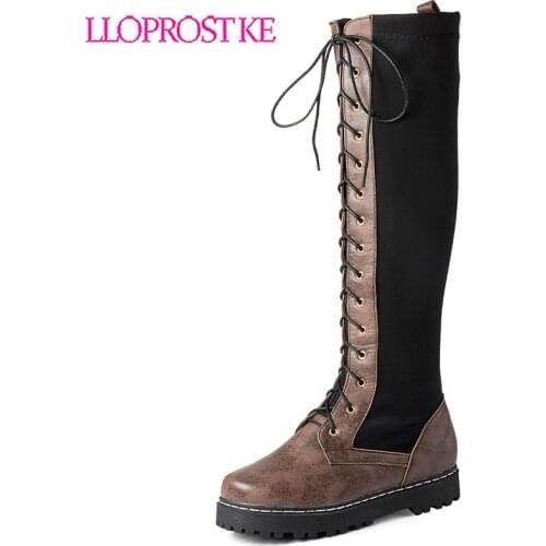 Lloprost ke 2019 Autumn Punk Goth Street Platform Lace Up Cross Tied Knee High Motorcycle Boots Womens Shoes Black Yellow Brown