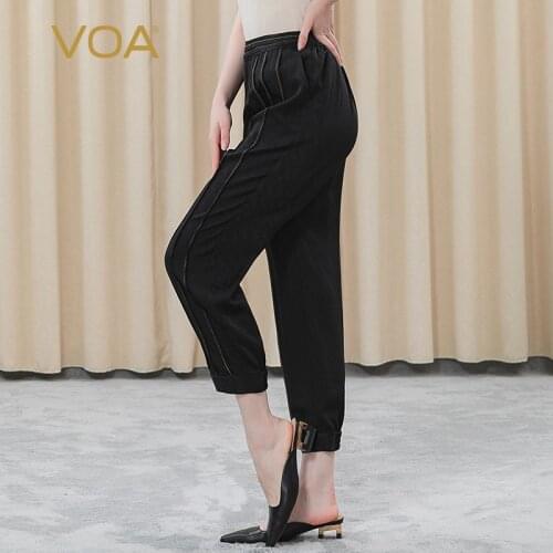 VOA22 Mmi silk jaccorn mystery black cow rib loose waist yellow line decorative oblique pocket nine-point Harun pants KE229