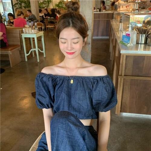 Retro Y2K Fashion Denim Pant Sets Women Off Shoulder Short Sleeve Shirt and Elastic High Waist Wide Leg Pants Jeans Matching Set
