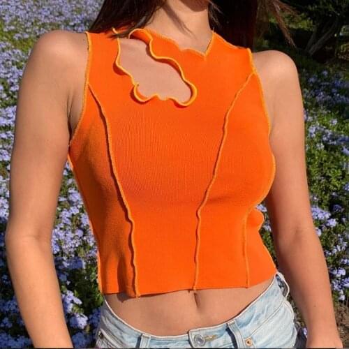 2021 Women Sexy Fashion Solid Color Vest Girl Ruffled Asymmetrical Tailoring Sleeveless T-Shirt Carnival Night Seaside Vest