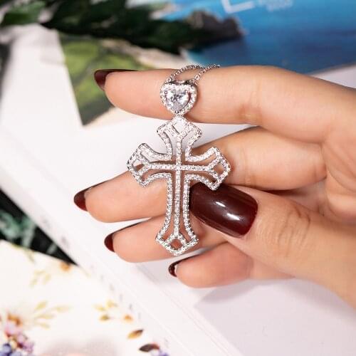 New 925 Sterling Silver Exquisite Bible Jesus Cross Pendant Necklace for Women Crucifix Charm Platinum Heart Diamond Jewelry