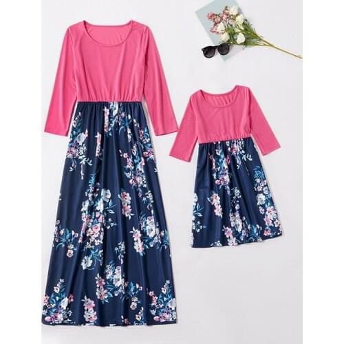 Family Matching Dress Mom And Me Flowers Patchwork Floral Long Clothes European Style Mother Daughter Fall Casual Vestidos