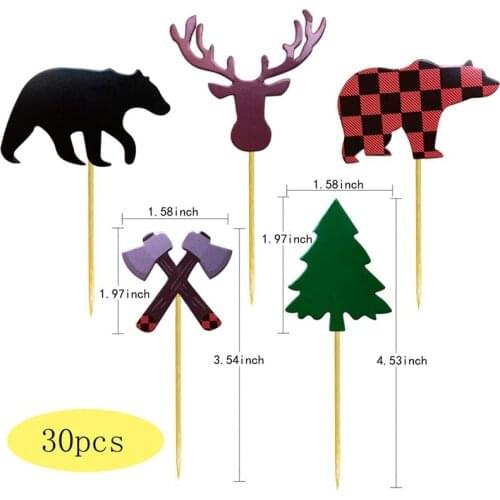 30Pcs Lumberjack Cupcake Toppers Buffalo Plaid Cartoon Baby Bear Tree Cake Topper for Campfire Party Supplies Baby Shower Decor