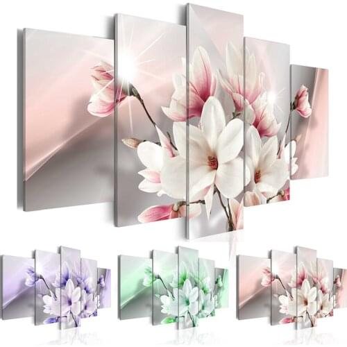5PCS/Set Purple Green Pink Magnolia Flower Art Print Frameless Canvas Painting Wall Picture Home,Choose Color And Size NO Frame