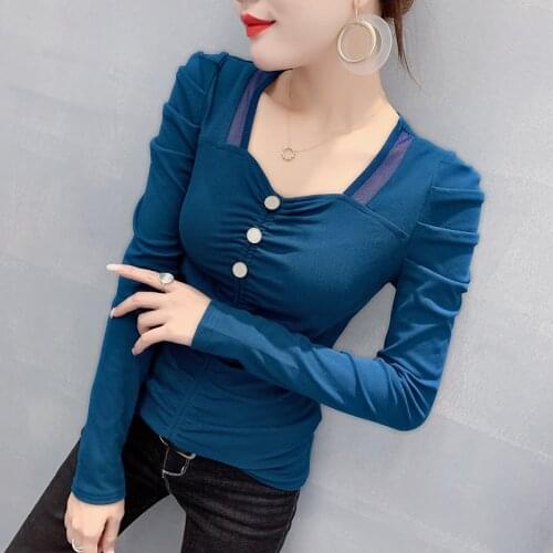 #5739 Grey Black Red Blue Sexy Cotton T Shirt Woemn Long Sleeve Square Collar Buttons Casual Basic Tight T-Shirt Female Spring