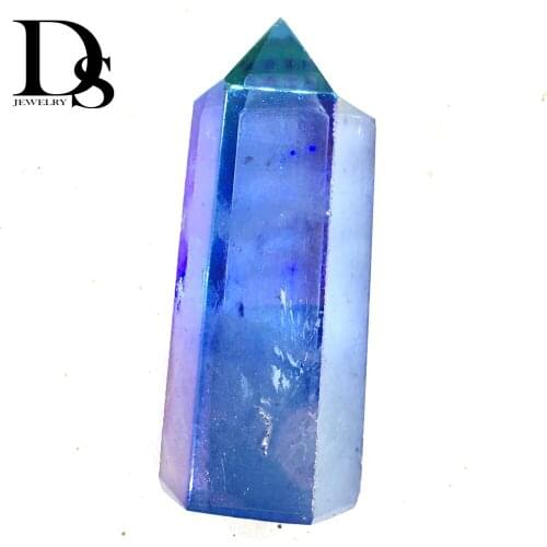 Angel Aura Quartz Blue Titanium Coated Crystal Wand Point Healing Crystal Hexagonal Prism Stone Figurine Specimen