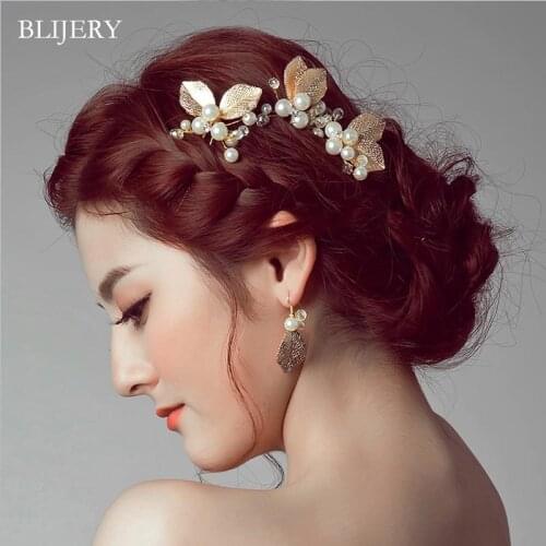 BLIJERY 2Pcs Gold Color Pearl Crystal Beads Leaf Hairpins Handmade Wedding Hair Accessories Women Hair Pins Bridal Hair Jewelry