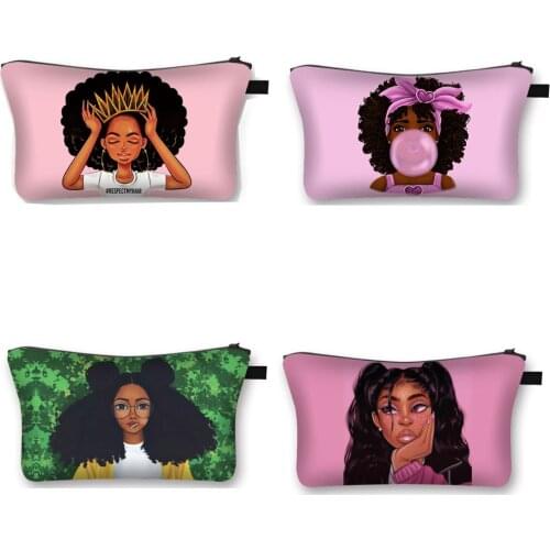 Cute afro girl print cosmetic case Africa women fashion makeup bag ladies toiletry bags female Travel organizer make up bags
