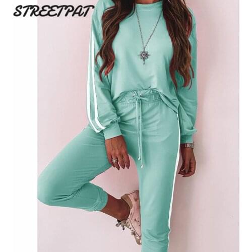 Stretchy 2 Two Piece Set Women Tracksuit Fitness Jogging Sweat Suits Side Stripes Sweatshirt+Pants Sport Femme Loungwear