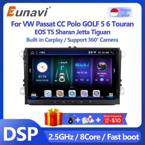 Eunavi 2 Din Android 10 Car Radio GPS For VW Passat B6 B7 CC Polo GOLF 5 6 Touran EOS T5 Sharan Jetta Tiguan Seat DSP Multimedia