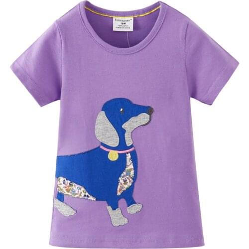 Funnygame Childrens Cotton Clothing Dog applique Girls Tees Tops Fashion Summer T shirts Kids Girls Wear