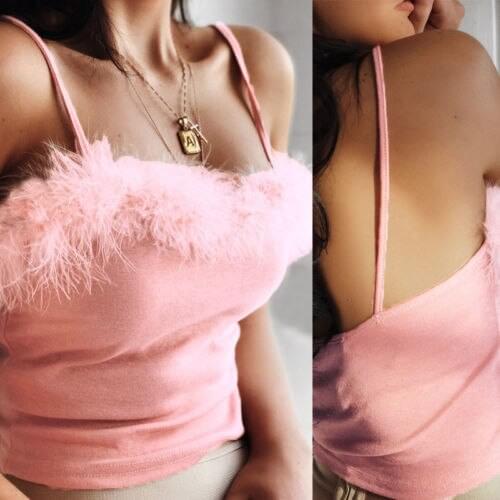 HIRIGIN Women Autumn Fur Bustier Tank Tops Sleeveless Crop Tops Casual Winter Lady Vest Camis