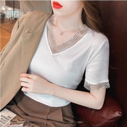 GGRIGHT Diamond V-Neck Cotton T Shirt Women Korean 2021 Summer T-Shirt Womens Short Sleeve Woman Clothes Tops Tee Shirt Femme