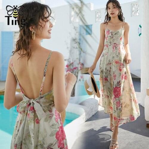 Tingfly Sexy Backless Floral Print Summer Chiffon Dresses Open Back Summer Strap Beach Holiday Dress Vestidos Bowknot Sundresses