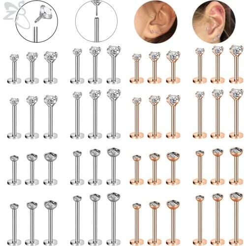 ZS 3pcs/lot CZ Crystal Lip Piercing Set 6/8/10/12MM Stainless Steel Monroe Labret Rings Ear Tragus Helix Piercings Jewelry 16g