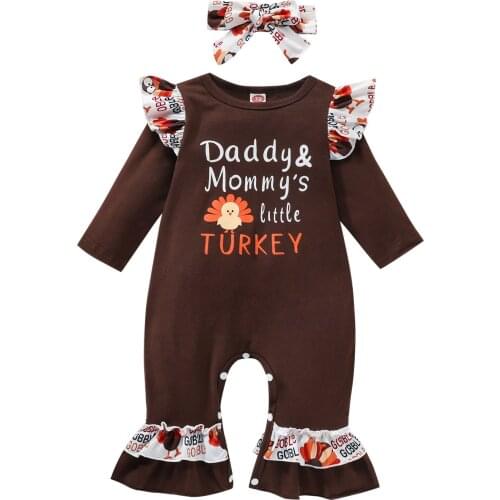 2 Pcs Newborn Thanksgiving Day Outfits, Infant Turkey & Letter Print Fly Sleeve Round Neck Jumpsuit + Bowknot Headband