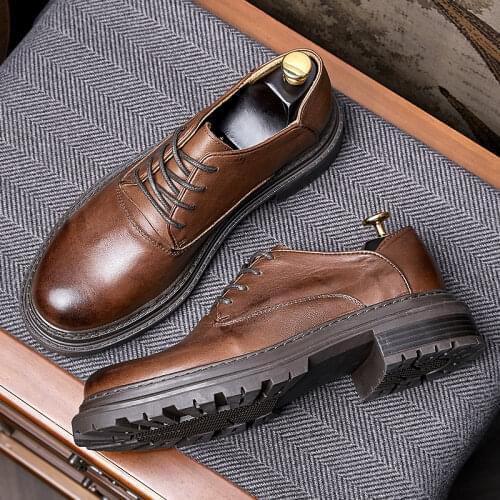 US Size 6-9 Business Man Comfort Trendy Leather Shoes Lace Up Big Round Toe Casual Oxfords For Men