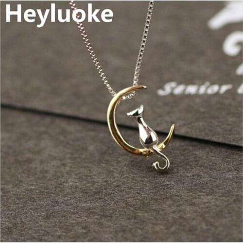 HEYLUOKE Classic Simple Sweet Rose Golden Color Animal Cat On Moon Necklaces Tibetan Silver Cute Pussy Pendants Women Jewelry