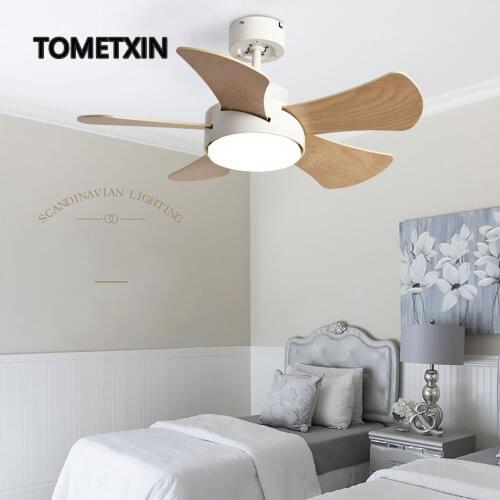 Childrens room ceiling fan lamp with lights wood remote control household living room dining room kitchen Nordic wooden fans