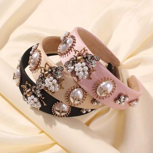 Bee Hairbands for Women Baroque Rhinestone Crystal Headband Simulated Pearl Wide Hair Band Female Flower Crown Headdress Jewelry