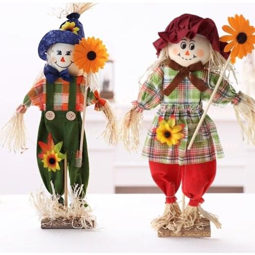 Scarecrow Ornaments Standing Flower Straw Doll Desktop Layout Halloween Decoration for Kindergarten Room Classroom