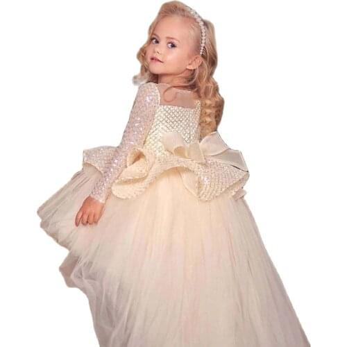 Puffy Sequin Mesh Ball Gown Girl Party Dresses Kids Layers Flower Girl Dresses Glitter Bow Knot Princess Dress New Year Birthday