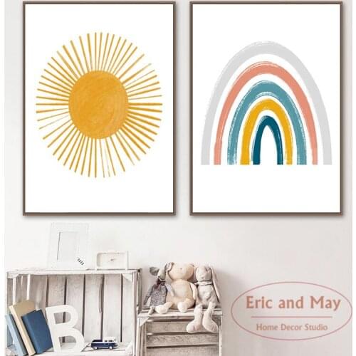 Rainbow Nursery Decor Boho Sunshine Wall Art Pictures Print Nordic Canvas Painting Cartoon Posters for Kids Room Decoration