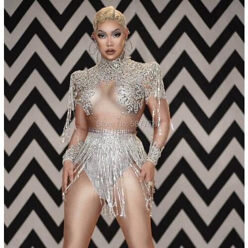 Sexy Bodysuit Sparkly Rhinestone Fringes Party Nightclub Outfit Singer Stage Performance Dance Costume