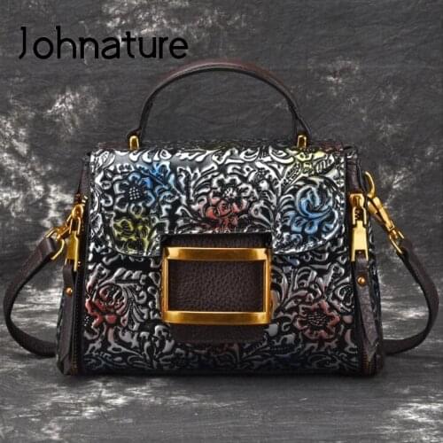 Johnature 2021 New Vintage Cow Leather Women Bag Handmade Embossed Flower Handbag Leisure Lady Shoulder Messenger Bags