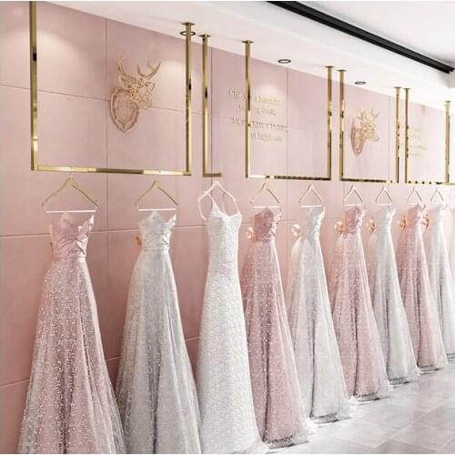 Stainless steel wedding dress display rack U-shaped golden ceiling hanging hanger on the upper wall of womens clothing store