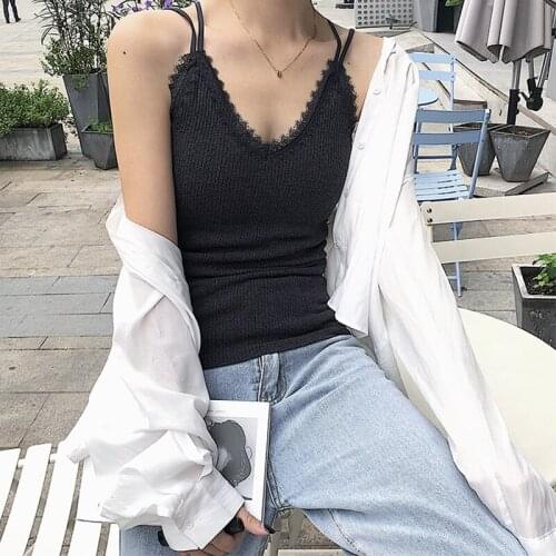 Werynica 2020 summer ice silk Sexy Women Lace Camisole Splicing Double V-neck Vest Plain Slim Sling knitted Camis Solid Colors