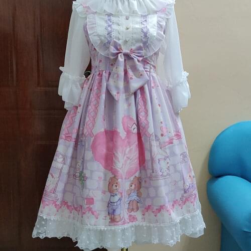 Japanese Style Victorian Sweet Lolita Jsk Dress Daily Summer Kawaii Cartoon Print Sleeveless Sling Dresses Fairy Cosplay Costume