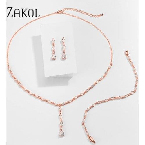ZAKOL Brilliant Crystal Zirconia Earrings Necklace Bracelets 3pcs Jewelry Set For Women Wedding Dress Accessaries FSSP412