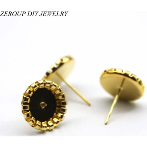 ZEROUP 8mm 10mm Stud Earring Round Gold Plated Glass Cabochon Base Earring Setting Supplies for Jewelry 30pcs/lot