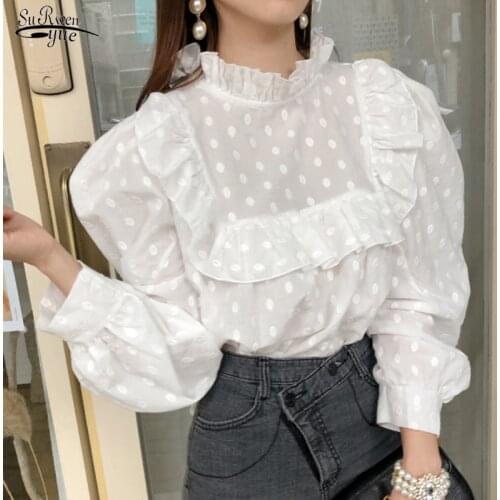 Stand-up Collar Puff Sleeve White Blouse Women Sweet Ruffle Autumn Tops Stitching Polka Dot Embroidery Shirt Blusas Mujer 12720
