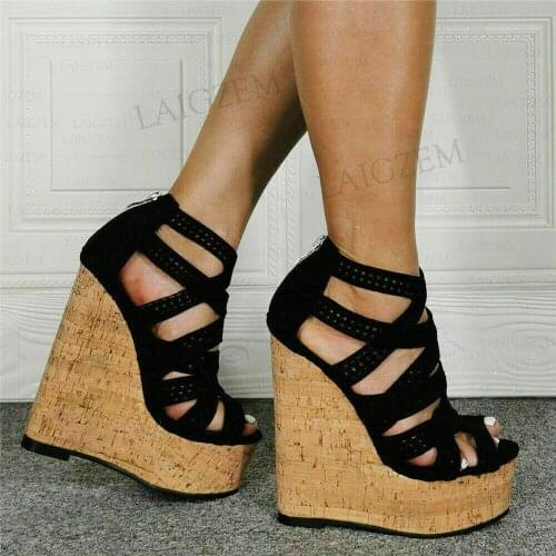 SEIIHEM Women Platform Sandals Back Zip Cut Outs Faux Suede Pumps Height Increase Ladies Party Shoes Women Big Size 41 44 48 52