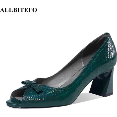 ALLBITEFO genuine leather peep toe sweet bowtie thick heels women heels shoes high heels shoes summer women sandals size:33-43