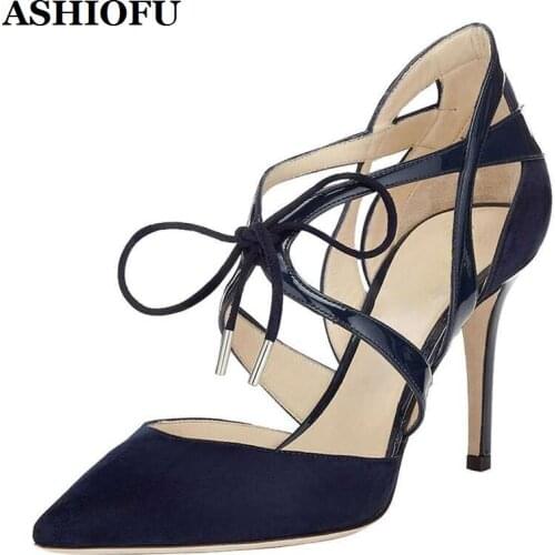 ASHIOFU Handmade Womens High Heel Pumps Cross Lace-up Party Prom Dress Shoes Faux-suede Plus Size Evening Fashion Court Shoes