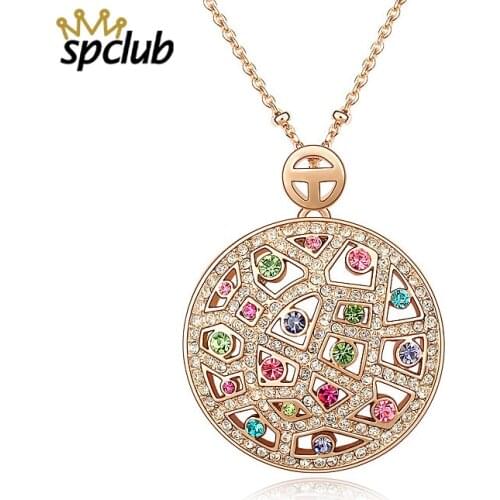 Round Hollow Flower Pendant Necklace Rose Gold Crystal From Swarovski Bijoux Collier Elegant Women Jewelry Gifts Dropshipping