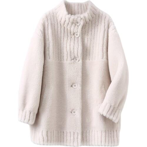 Winter Casual Women 30% Real Wool Fur Coat Denim Piece Button Warm Jacket Sheep Shearing Girl Lady Long Jacket Overcoat OMS04