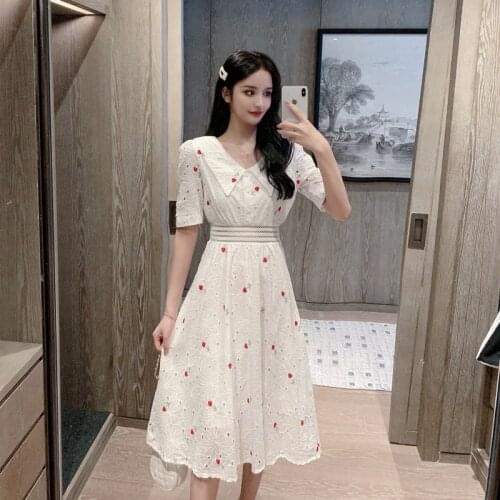 2021 Summer New French Style Cinched Slimming Short Sleeves Dress Womens Small High Waist White Mid-Length Temperament