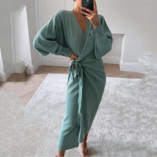 2020 Autumn and Winter Women Kitted Dress Elegant Casual V-neck Long Sleeve Midi Dress Solid Loose Split Side Sexy Dresses Mujer