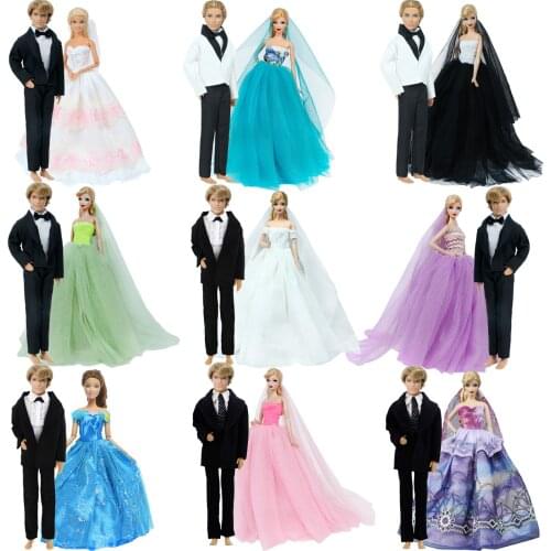 Handmade 2 Set/Lot Doll Wedding Party Dress Bride Wear Grown + Men Suit Shirt Clothes for Barbie Doll 12'' Accessories DIY Toy