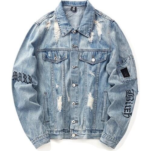 2021 Mens Denim Jacket Ripped White Denim Jacket Loose Letter Embroidered Denim Coat