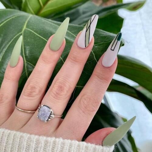 24pcs/box Fake Nails With Glue Green Type Removable Long Paragraph Manicure False Nails Press On With Designs Gifts For Girls DL