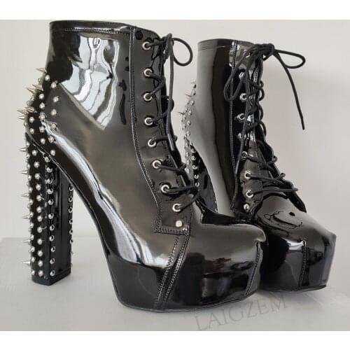 BERZIMER Women Ankle Boots Shiny Round Toe Rivets Chunky Square Heels Booties Casual Lady Black Shoes Woman Large Size 44 46 47