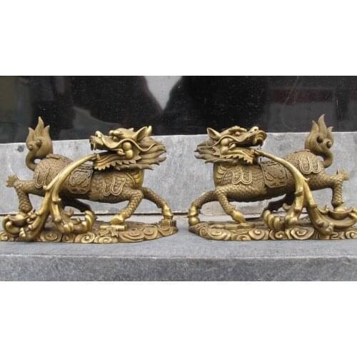 Bi002279 China classic pure Brass Foo Dog Lion Dragon Kylin Evil spirit beast statue pair