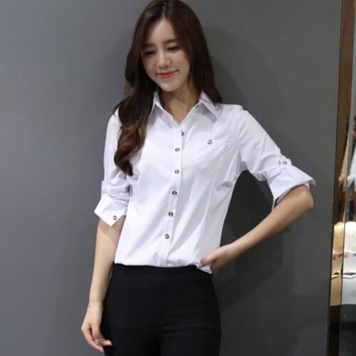 Women Spring Summer Blouses Shirts Office Lady Turn-Down Collar Slim Shirts Fashion Long Sleeve Solid Blouses Tops